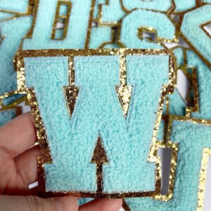 8cm Blue Chenille Letter Patches Iron on Towel Embroidered Felt Alphabet Glitter Sequins Heat Adhesive Applique DIY ABC